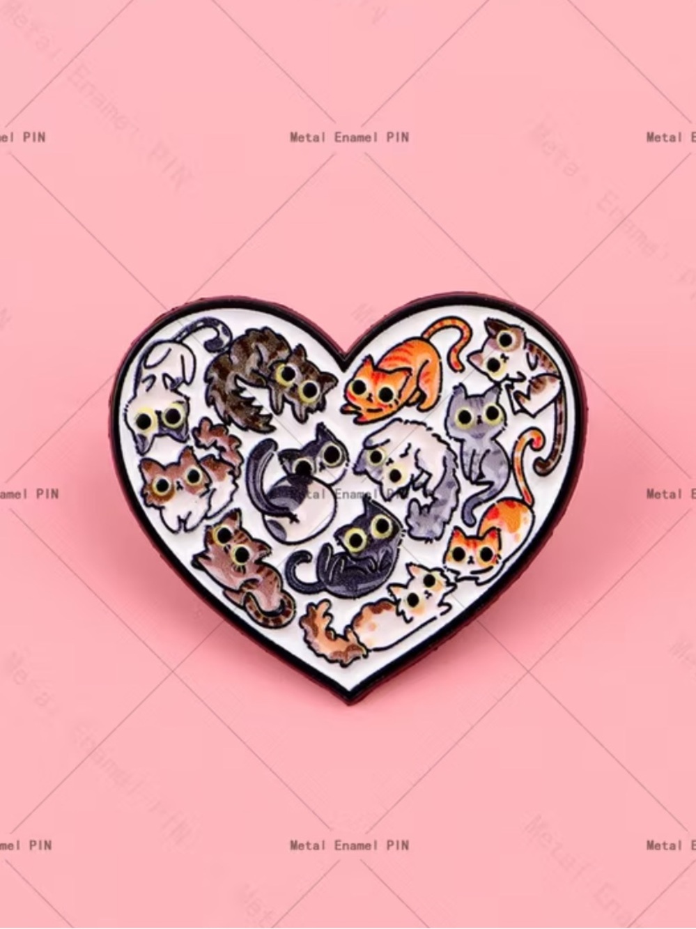 Heart-Shaped Enamel Pin — Cute Multi Cat Design